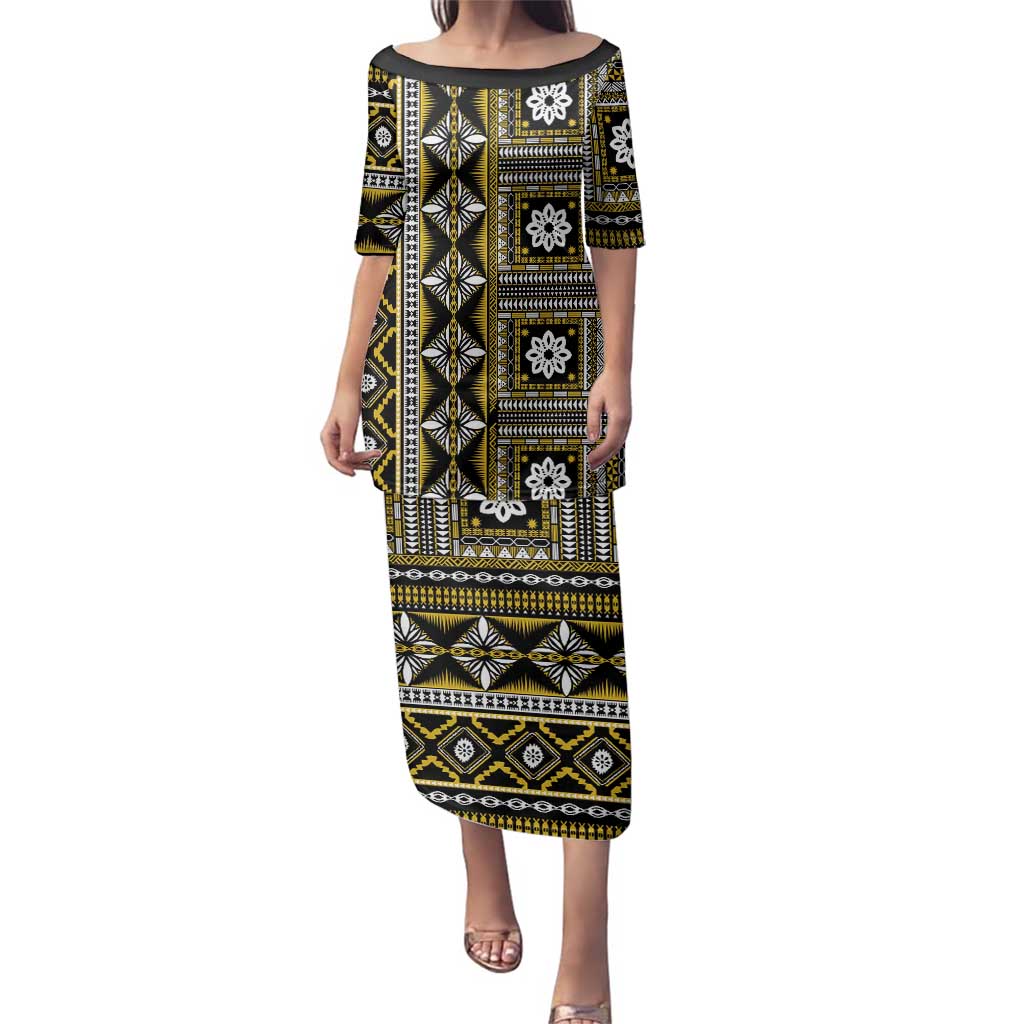 Fiji Masi Tapa Pattern Yellow Family Matching Puletasi and Hawaiian Shirt - Polynesian Pride