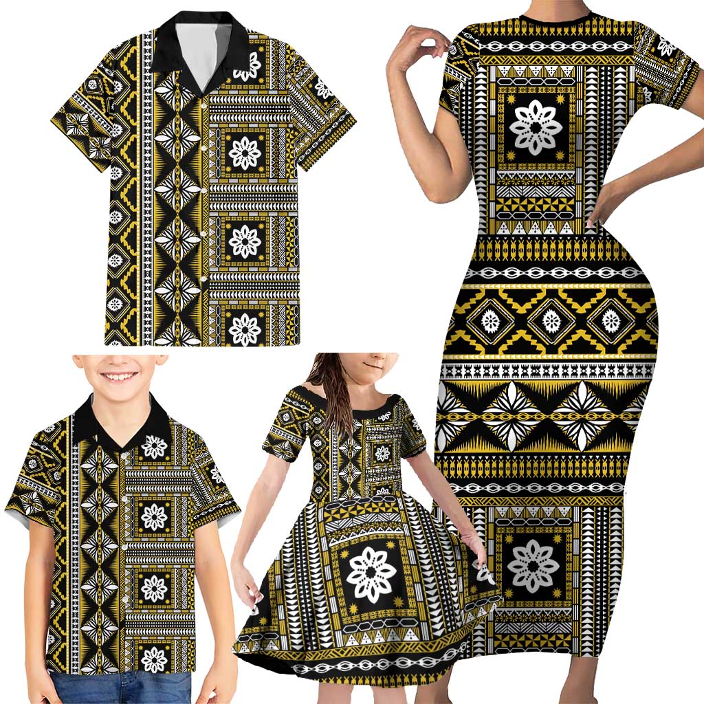 Fiji Masi Tapa Pattern Yellow Family Matching Short Sleeve Bodycon Dress and Hawaiian Shirt LT01 - Polynesian Pride