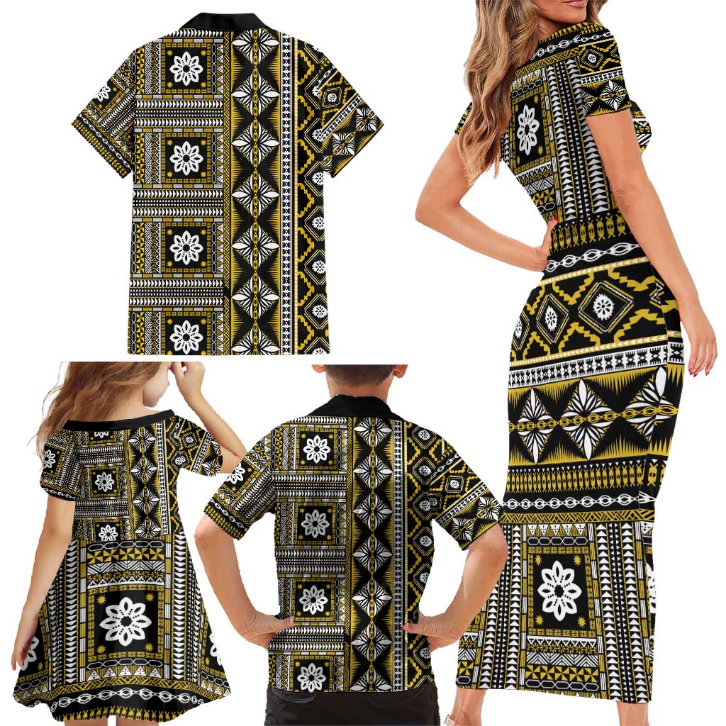 Fiji Masi Tapa Pattern Yellow Family Matching Short Sleeve Bodycon Dress and Hawaiian Shirt LT01 - Polynesian Pride