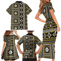 Fiji Masi Tapa Pattern Yellow Family Matching Short Sleeve Bodycon Dress and Hawaiian Shirt LT01 - Polynesian Pride