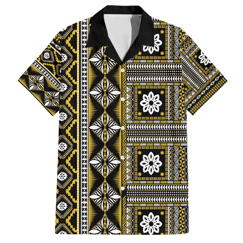 Fiji Masi Tapa Pattern Yellow Family Matching Short Sleeve Bodycon Dress and Hawaiian Shirt LT01 Dad's Shirt - Short Sleeve Yellow - Polynesian Pride