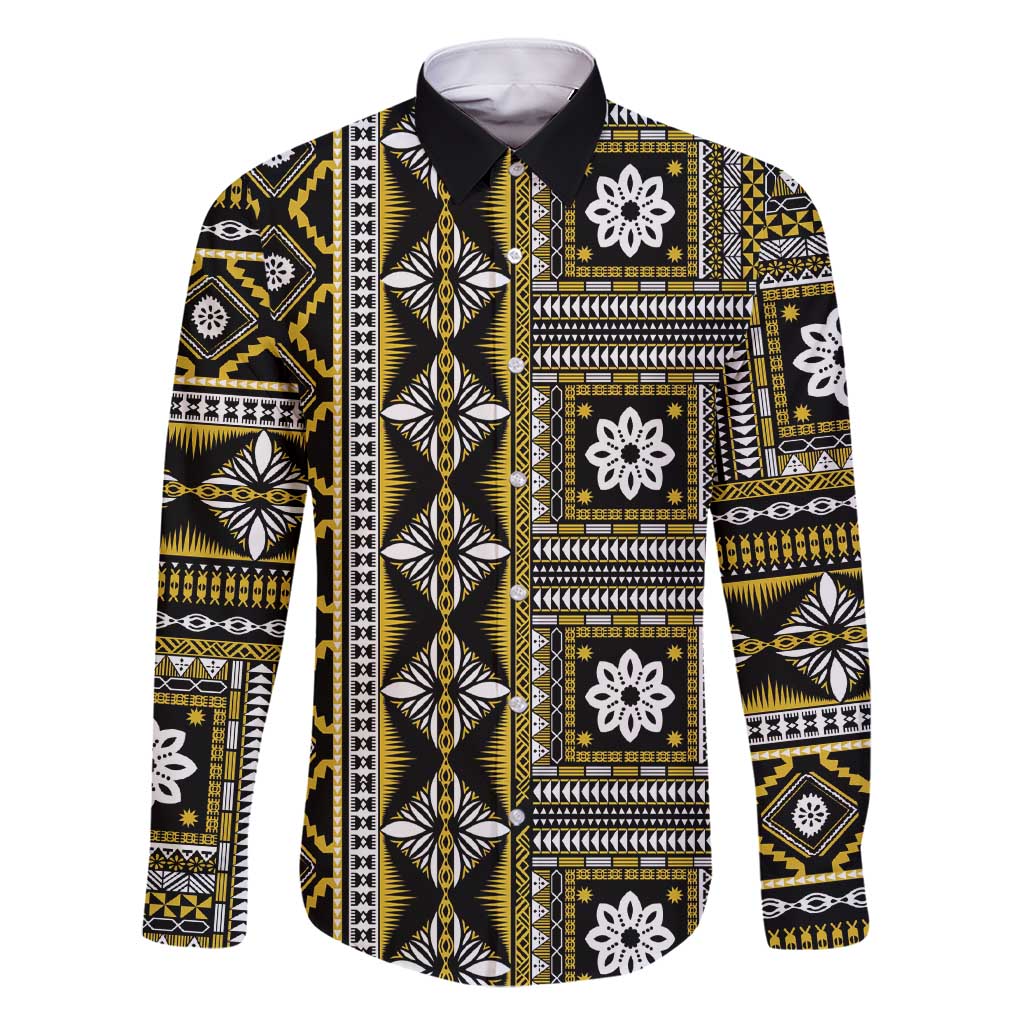 Fiji Masi Tapa Pattern Yellow Family Matching Short Sleeve Bodycon Dress and Hawaiian Shirt LT01 Dad's Shirt - Long Sleeve Yellow - Polynesian Pride