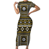 Fiji Masi Tapa Pattern Yellow Family Matching Short Sleeve Bodycon Dress and Hawaiian Shirt LT01 Mom's Dress Yellow - Polynesian Pride