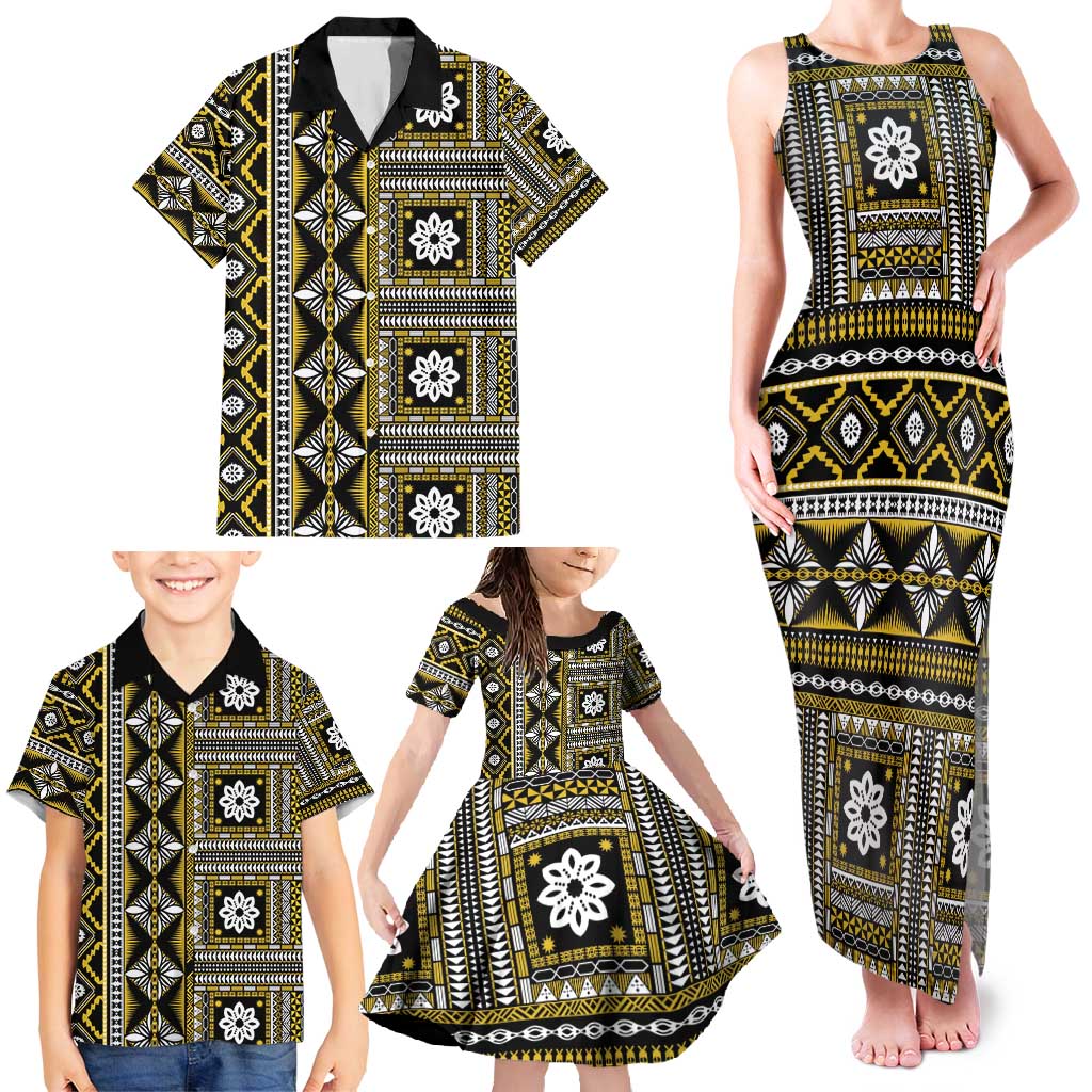 Fiji Masi Tapa Pattern Yellow Family Matching Tank Maxi Dress and Hawaiian Shirt LT01 - Polynesian Pride