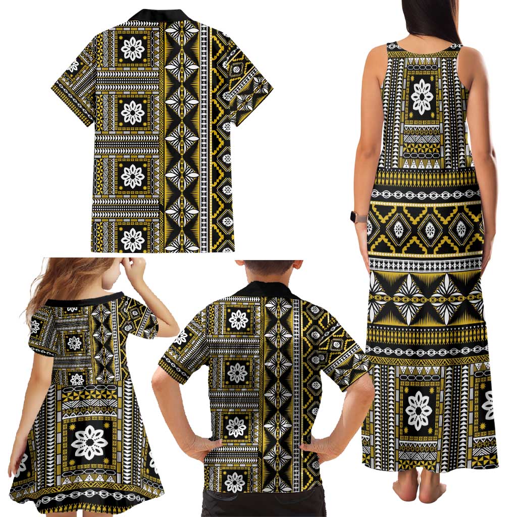 Fiji Masi Tapa Pattern Yellow Family Matching Tank Maxi Dress and Hawaiian Shirt LT01 - Polynesian Pride