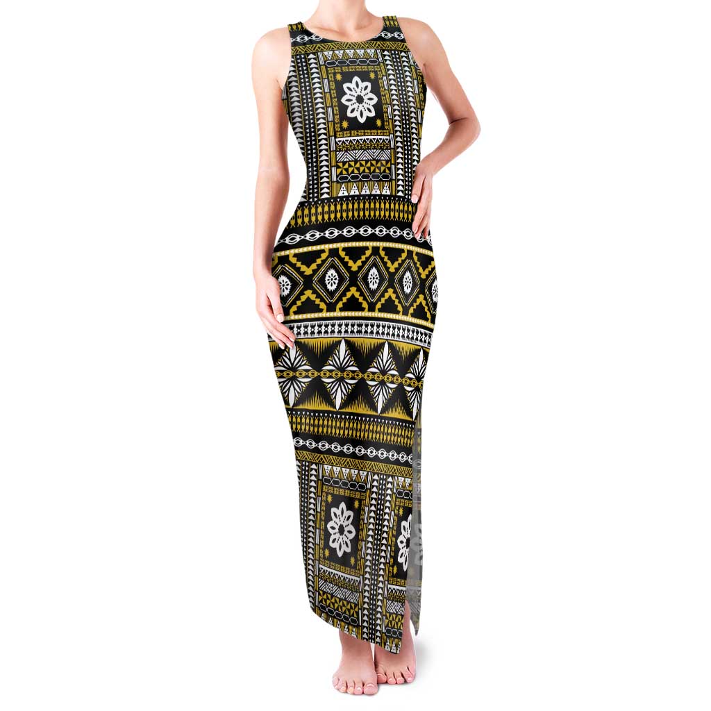 Fiji Masi Tapa Pattern Yellow Family Matching Tank Maxi Dress and Hawaiian Shirt LT01 Mom's Dress Yellow - Polynesian Pride