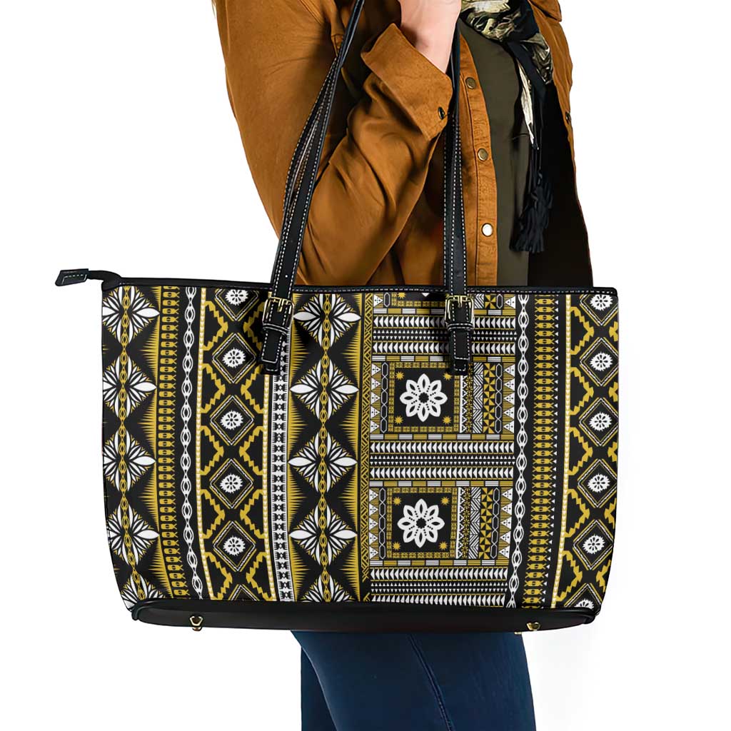 Fiji Masi Tapa Pattern Yellow Leather Tote Bag - Polynesian Pride