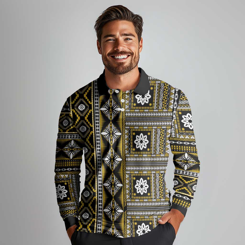 Fiji Masi Tapa Pattern Yellow Long Sleeve Polo Shirt - Polynesian Pride