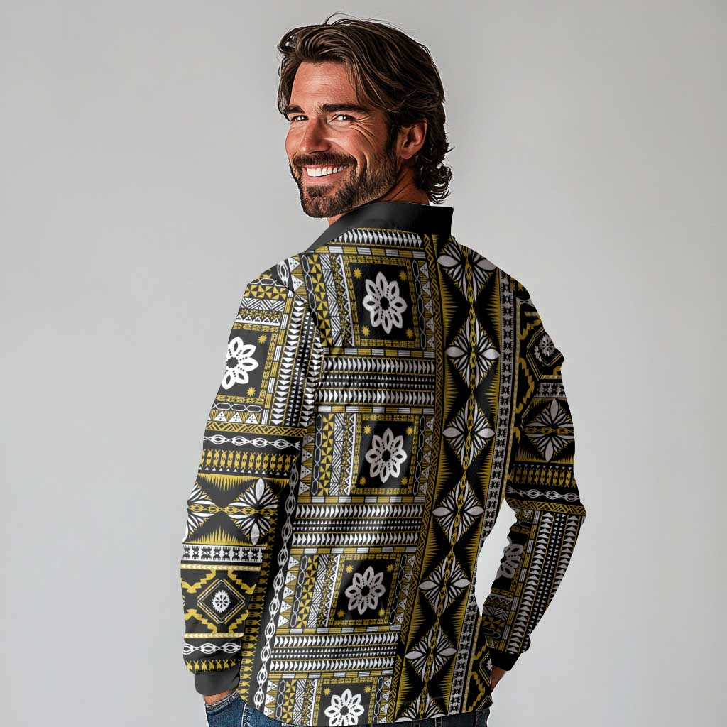 Fiji Masi Tapa Pattern Yellow Long Sleeve Polo Shirt - Polynesian Pride