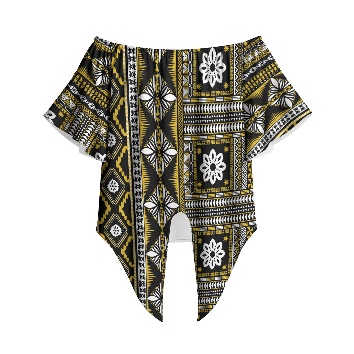Fiji Masi Tapa Pattern Yellow Off Shoulder Wrap Waist Top LT01 Yellow - Polynesian Pride