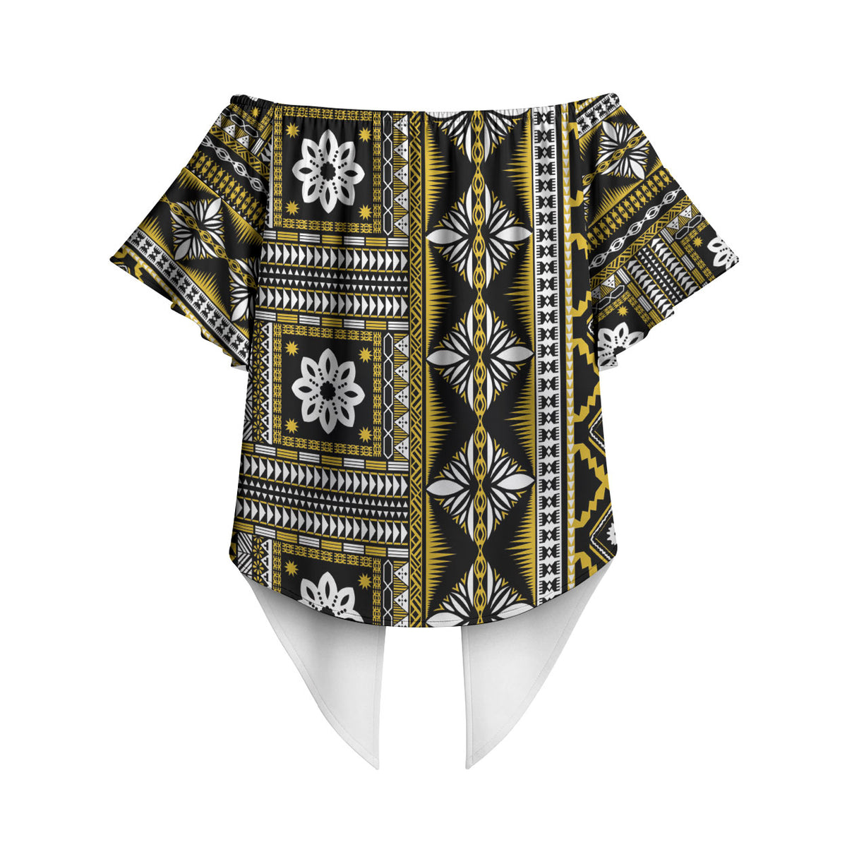 Fiji Masi Tapa Pattern Yellow Off Shoulder Wrap Waist Top LT01 - Polynesian Pride