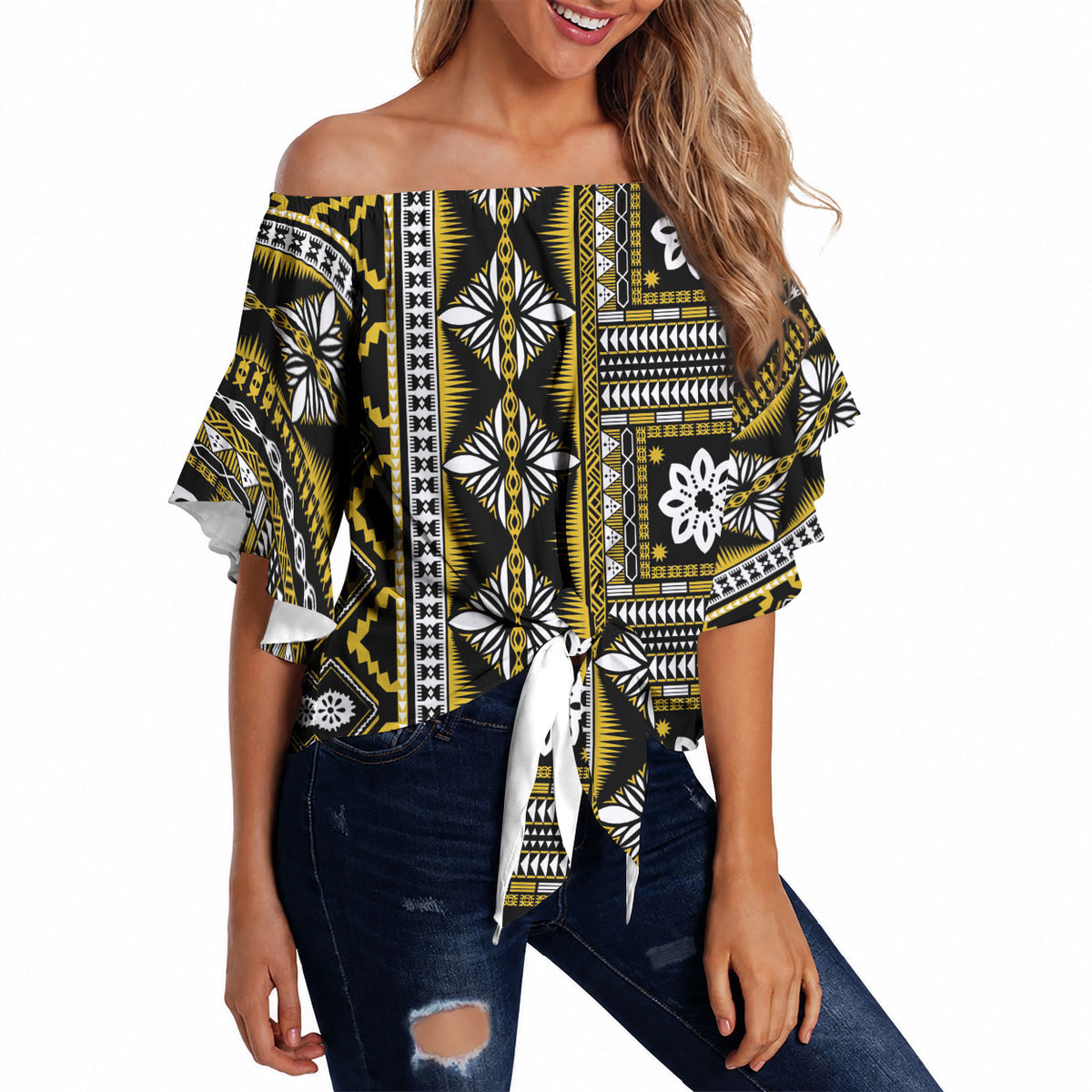 Fiji Masi Tapa Pattern Yellow Off Shoulder Wrap Waist Top LT01 - Polynesian Pride