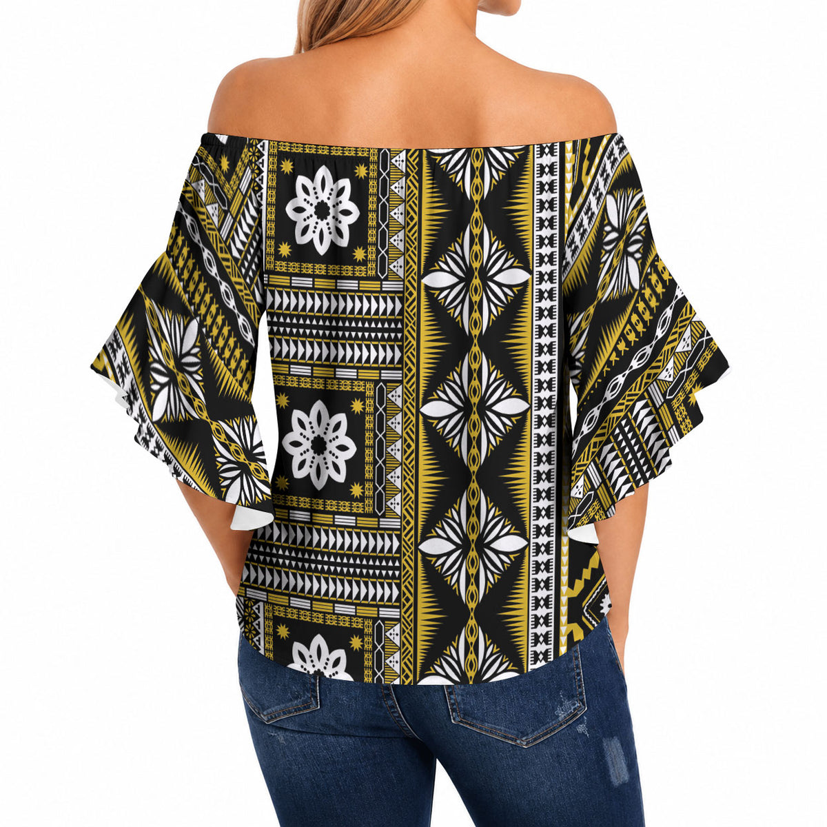 Fiji Masi Tapa Pattern Yellow Off Shoulder Wrap Waist Top LT01 - Polynesian Pride