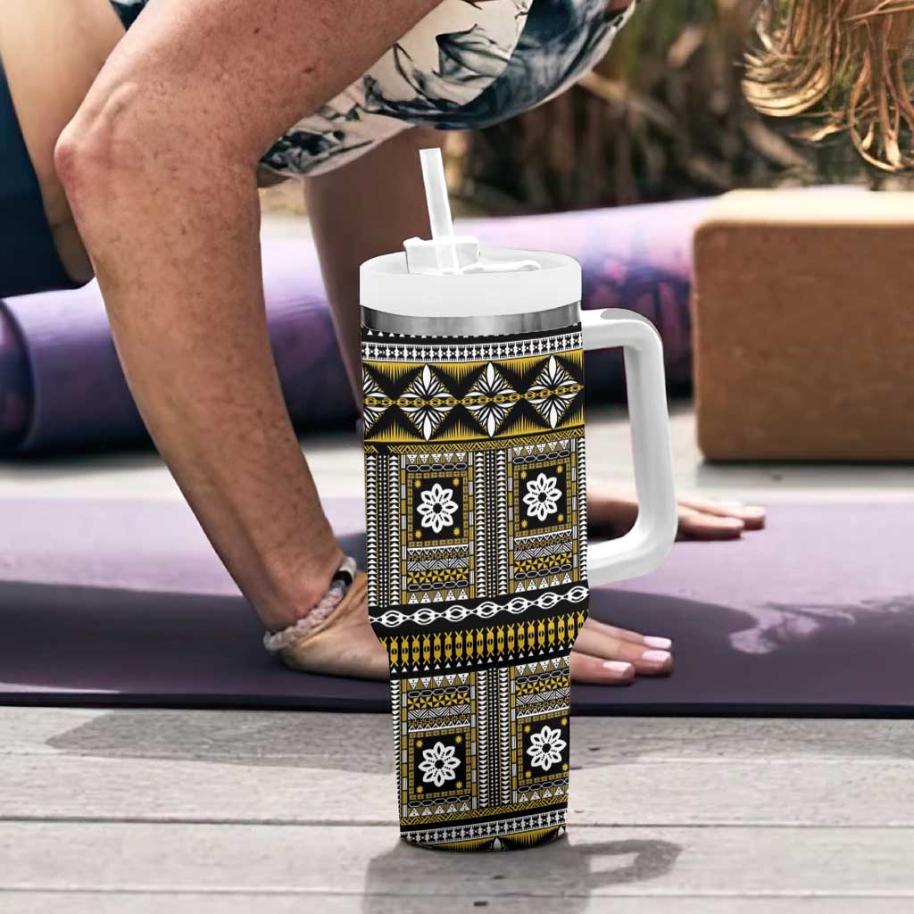 Fiji Masi Tapa Pattern Yellow Tumbler With Handle - Polynesian Pride
