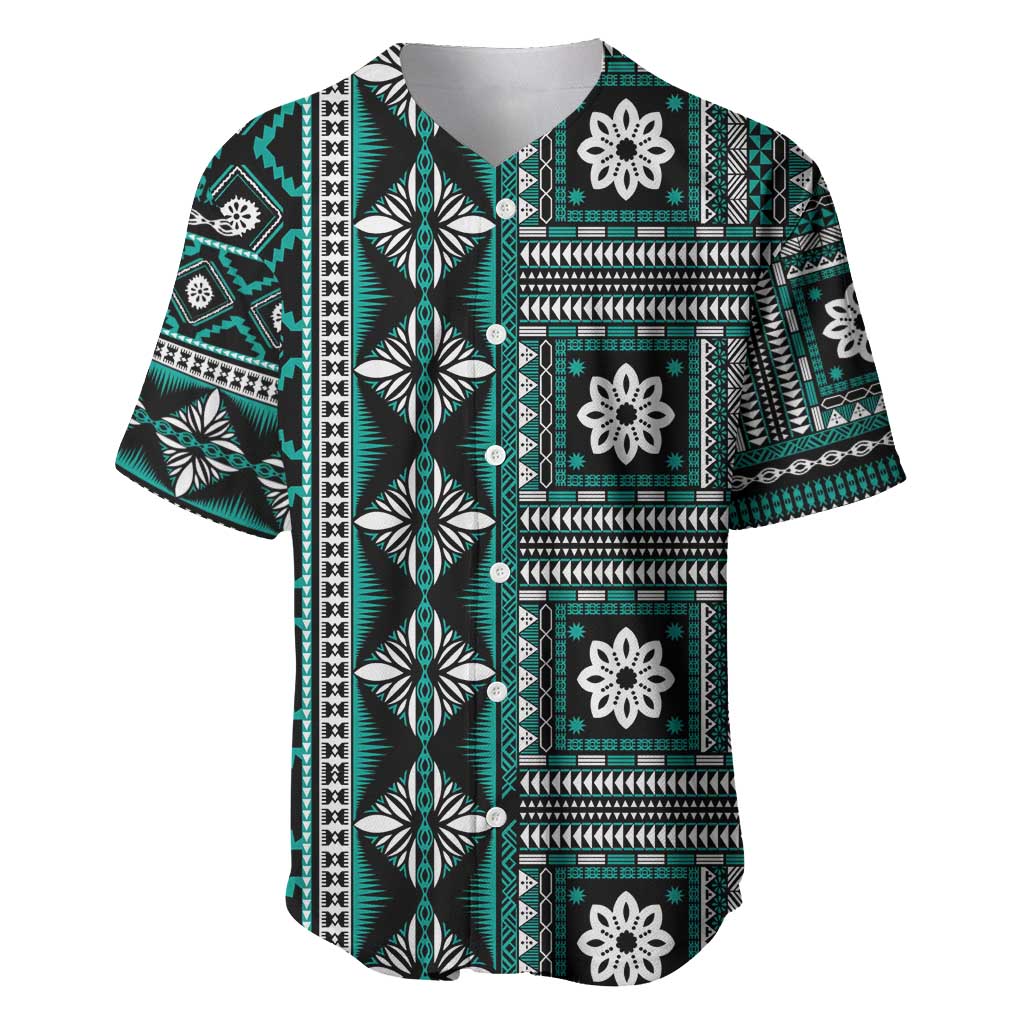Fiji Masi Tapa Pattern Teal Baseball Jersey - Polynesian Pride