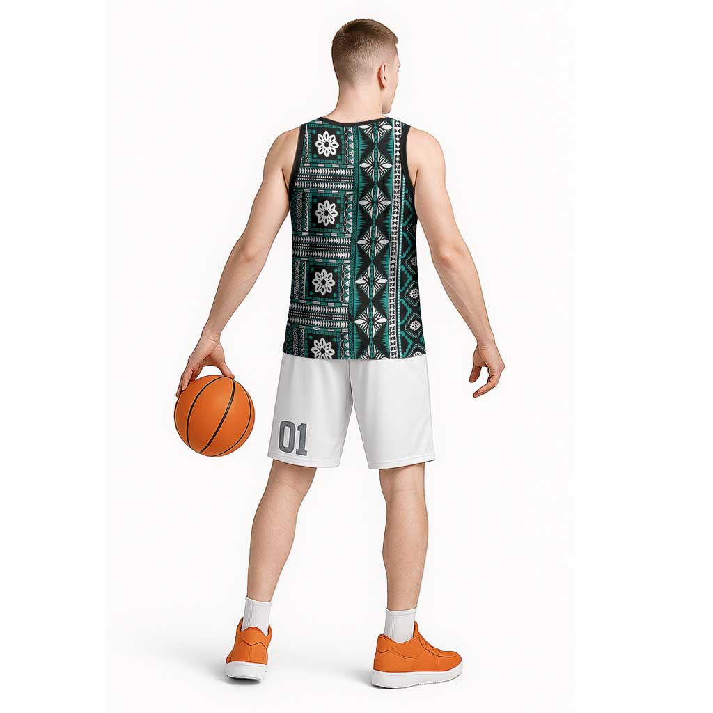 Fiji Masi Tapa Pattern Teal Basketball Jersey - Polynesian Pride