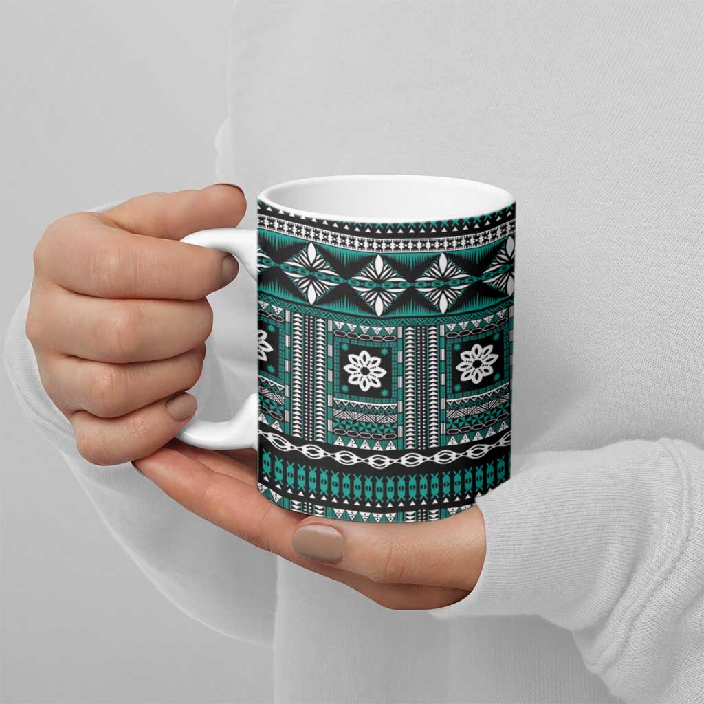 Fiji Masi Tapa Pattern Teal Ceramic Mug - Polynesian Pride