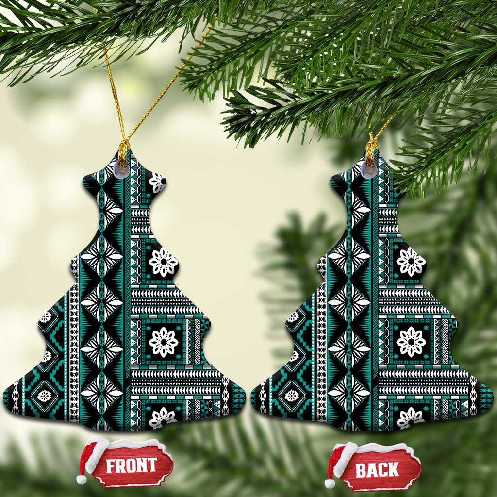 Fiji Masi Tapa Pattern Teal Ceramic Ornament - Polynesian Pride