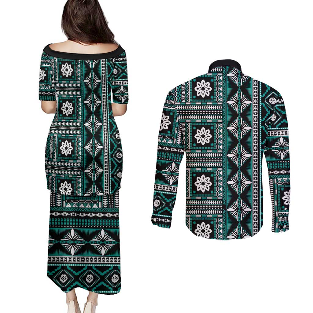 Fiji Masi Tapa Pattern Teal Couples Matching Puletasi and Long Sleeve Button Shirt - Polynesian Pride