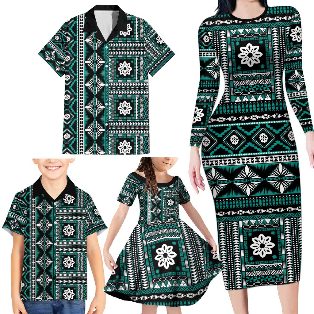 Fiji Masi Tapa Pattern Teal Family Matching Long Sleeve Bodycon Dress and Hawaiian Shirt LT01 - Polynesian Pride