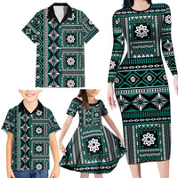 Fiji Masi Tapa Pattern Teal Family Matching Long Sleeve Bodycon Dress and Hawaiian Shirt LT01 - Polynesian Pride
