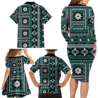Fiji Masi Tapa Pattern Teal Family Matching Long Sleeve Bodycon Dress and Hawaiian Shirt LT01 - Polynesian Pride