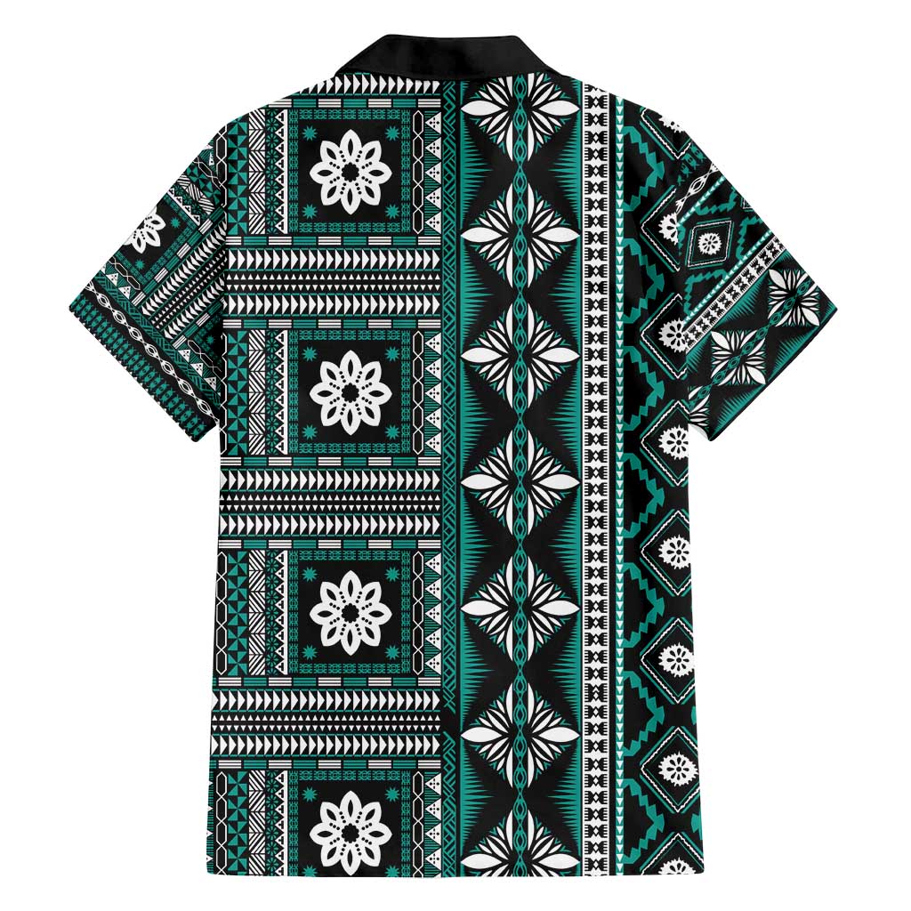 Fiji Masi Tapa Pattern Teal Family Matching Long Sleeve Bodycon Dress and Hawaiian Shirt LT01 - Polynesian Pride