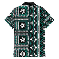 Fiji Masi Tapa Pattern Teal Family Matching Long Sleeve Bodycon Dress and Hawaiian Shirt LT01 - Polynesian Pride