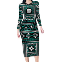 Fiji Masi Tapa Pattern Teal Family Matching Long Sleeve Bodycon Dress and Hawaiian Shirt LT01 Mom's Dress Teal - Polynesian Pride