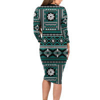 Fiji Masi Tapa Pattern Teal Family Matching Long Sleeve Bodycon Dress and Hawaiian Shirt LT01 - Polynesian Pride