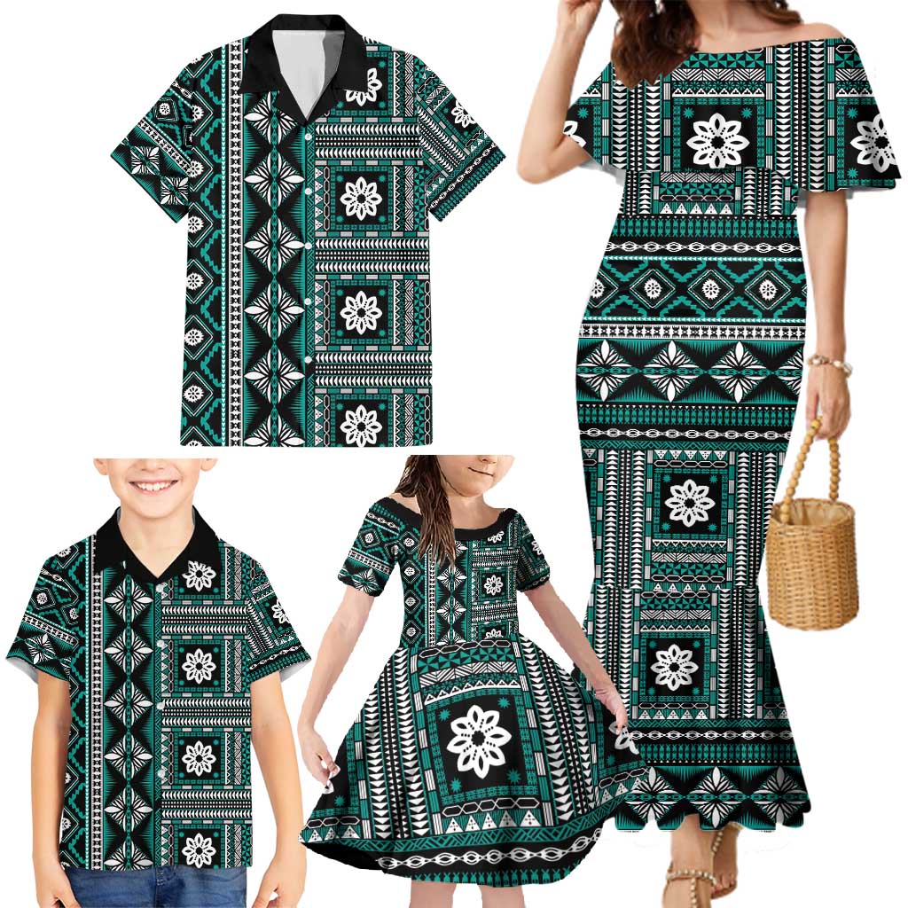 Fiji Masi Tapa Pattern Teal Family Matching Mermaid Dress and Hawaiian Shirt LT01 - Polynesian Pride