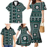 Fiji Masi Tapa Pattern Teal Family Matching Mermaid Dress and Hawaiian Shirt LT01 - Polynesian Pride