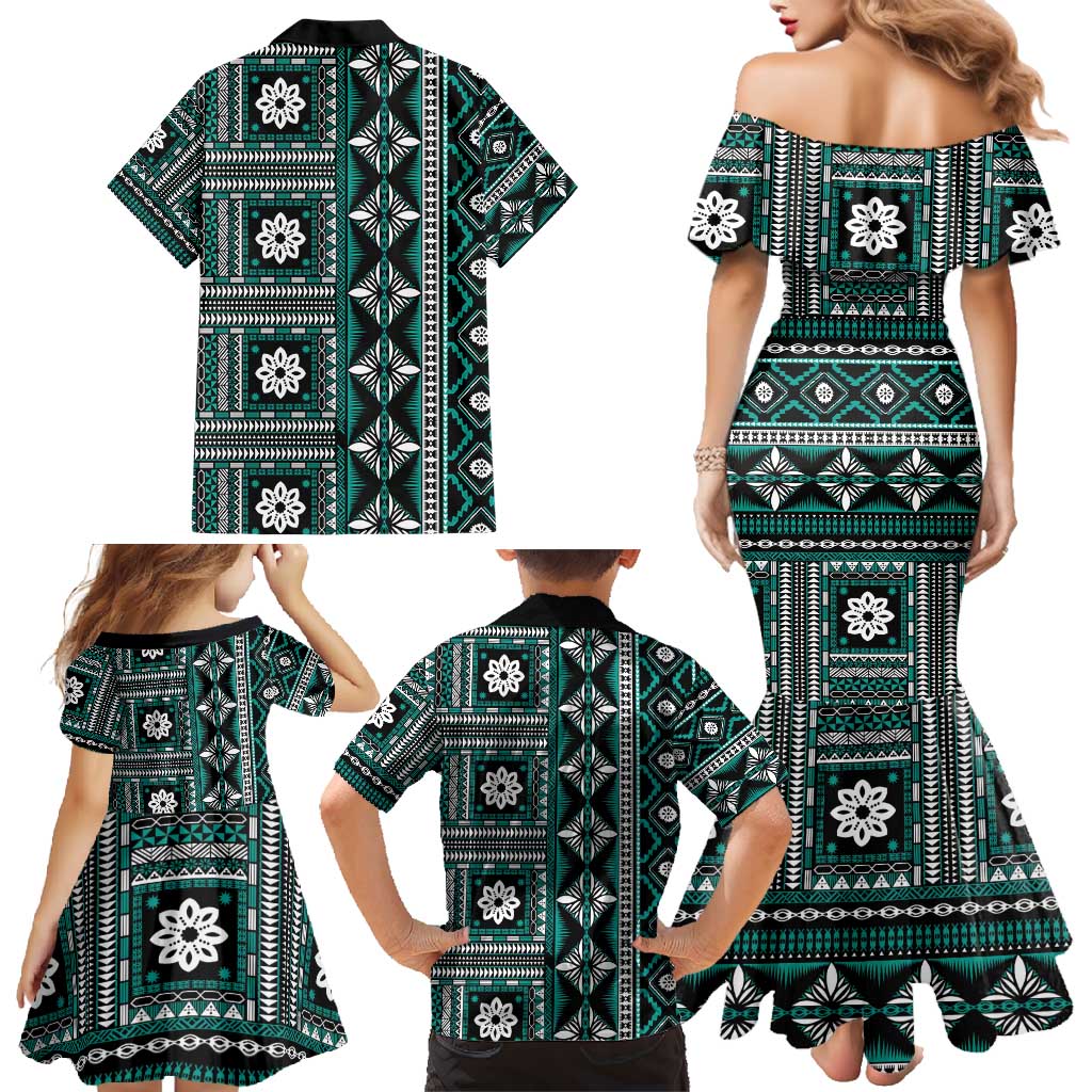 Fiji Masi Tapa Pattern Teal Family Matching Mermaid Dress and Hawaiian Shirt LT01 - Polynesian Pride