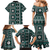 Fiji Masi Tapa Pattern Teal Family Matching Mermaid Dress and Hawaiian Shirt LT01 - Polynesian Pride