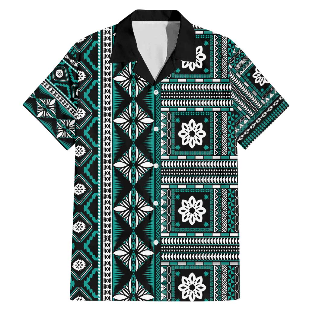 Fiji Masi Tapa Pattern Teal Family Matching Mermaid Dress and Hawaiian Shirt LT01 Dad's Shirt - Short Sleeve Teal - Polynesian Pride