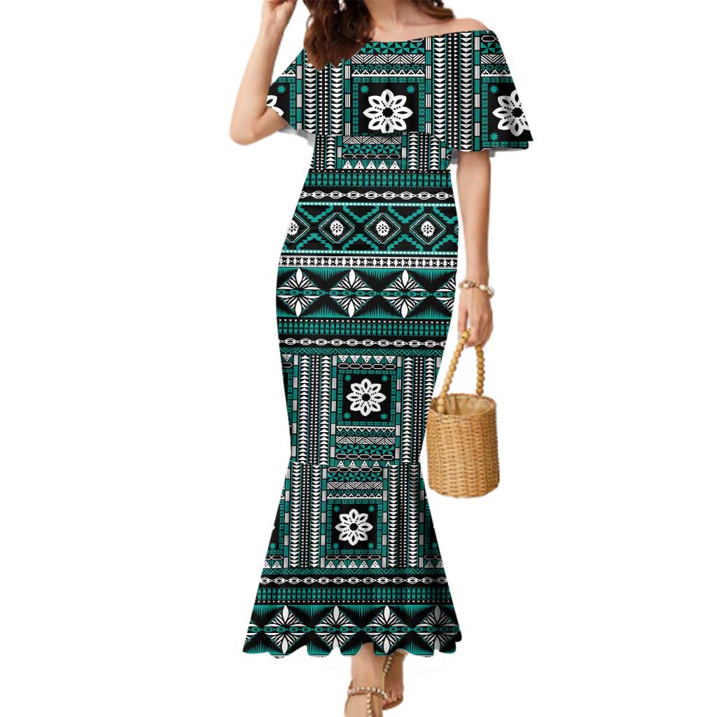 Fiji Masi Tapa Pattern Teal Family Matching Mermaid Dress and Hawaiian Shirt LT01 Mom's Dress Teal - Polynesian Pride