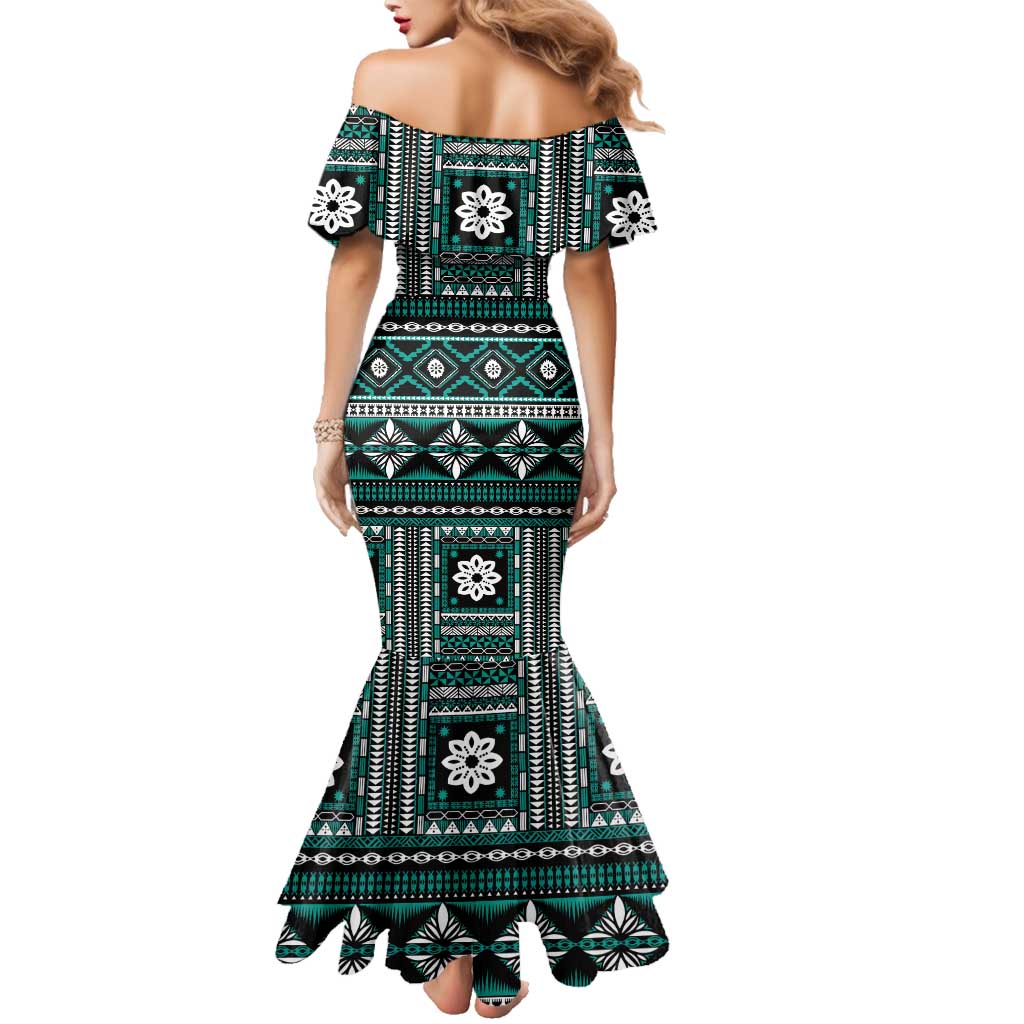 Fiji Masi Tapa Pattern Teal Family Matching Mermaid Dress and Hawaiian Shirt LT01 - Polynesian Pride