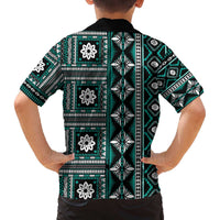 Fiji Masi Tapa Pattern Teal Family Matching Off The Shoulder Long Sleeve Dress and Hawaiian Shirt LT01 - Polynesian Pride