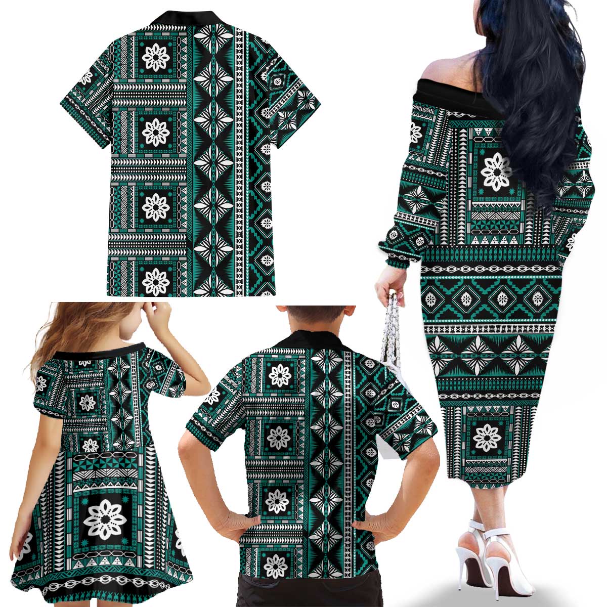 Fiji Masi Tapa Pattern Teal Family Matching Off The Shoulder Long Sleeve Dress and Hawaiian Shirt LT01 - Polynesian Pride