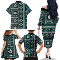 Fiji Masi Tapa Pattern Teal Family Matching Off The Shoulder Long Sleeve Dress and Hawaiian Shirt LT01 - Polynesian Pride