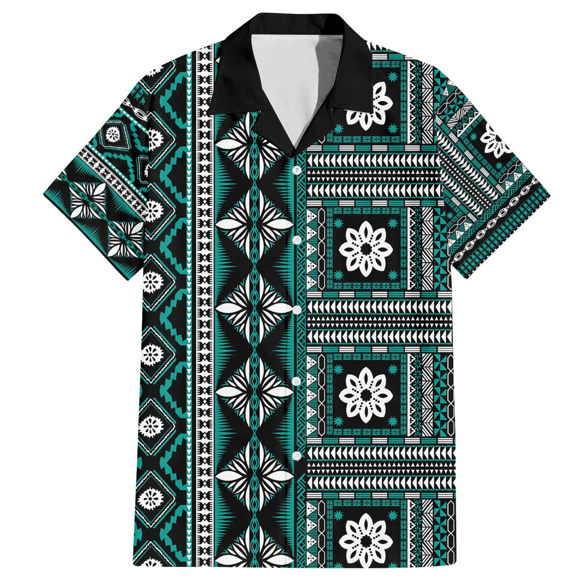 Fiji Masi Tapa Pattern Teal Family Matching Off The Shoulder Long Sleeve Dress and Hawaiian Shirt LT01 Dad's Shirt - Short Sleeve Teal - Polynesian Pride