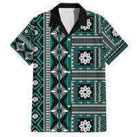 Fiji Masi Tapa Pattern Teal Family Matching Off The Shoulder Long Sleeve Dress and Hawaiian Shirt LT01 Dad's Shirt - Short Sleeve Teal - Polynesian Pride