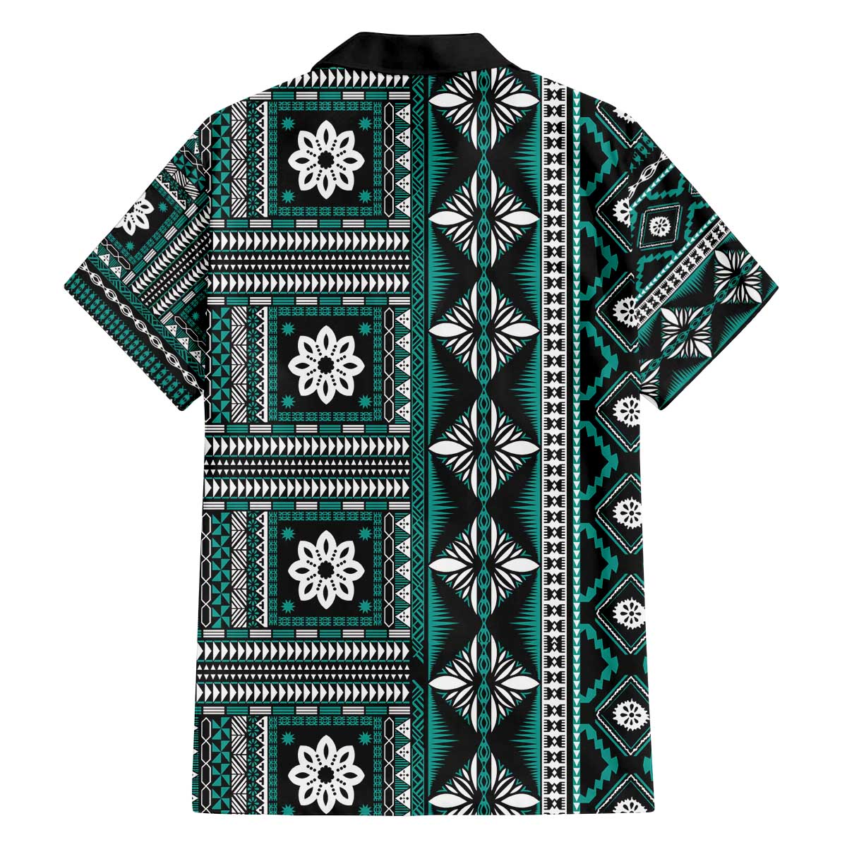 Fiji Masi Tapa Pattern Teal Family Matching Off The Shoulder Long Sleeve Dress and Hawaiian Shirt LT01 - Polynesian Pride