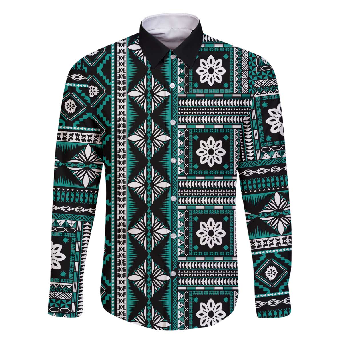 Fiji Masi Tapa Pattern Teal Family Matching Off The Shoulder Long Sleeve Dress and Hawaiian Shirt LT01 Dad's Shirt - Long Sleeve Teal - Polynesian Pride