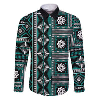 Fiji Masi Tapa Pattern Teal Family Matching Off The Shoulder Long Sleeve Dress and Hawaiian Shirt LT01 Dad's Shirt - Long Sleeve Teal - Polynesian Pride