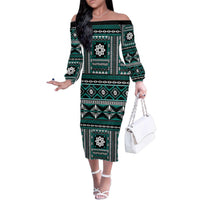 Fiji Masi Tapa Pattern Teal Family Matching Off The Shoulder Long Sleeve Dress and Hawaiian Shirt LT01 Mom's Dress Teal - Polynesian Pride