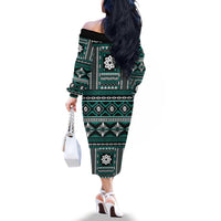 Fiji Masi Tapa Pattern Teal Family Matching Off The Shoulder Long Sleeve Dress and Hawaiian Shirt LT01 - Polynesian Pride