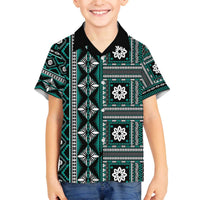 Fiji Masi Tapa Pattern Teal Family Matching Off The Shoulder Long Sleeve Dress and Hawaiian Shirt LT01 Son's Shirt Teal - Polynesian Pride