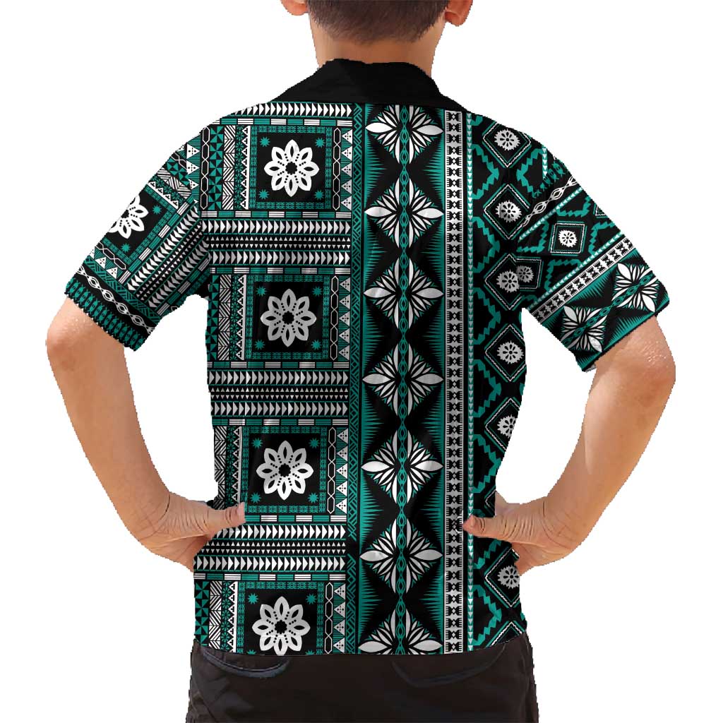 Fiji Masi Tapa Pattern Teal Family Matching Off Shoulder Maxi Dress and Hawaiian Shirt - Polynesian Pride