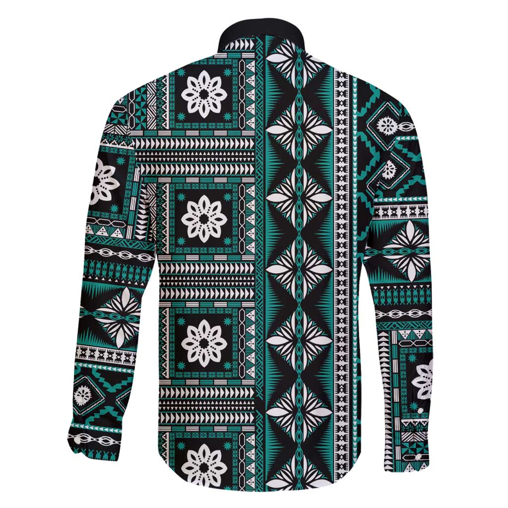Fiji Masi Tapa Pattern Teal Family Matching Off Shoulder Maxi Dress and Hawaiian Shirt - Polynesian Pride